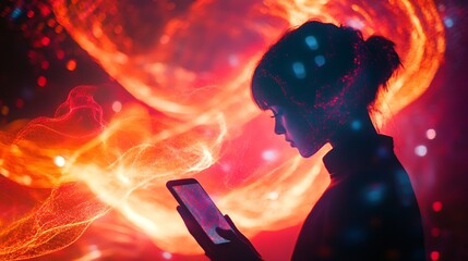 Silhouette of a woman engaged with technology amidst vibrant visuals