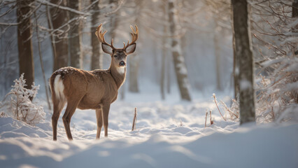 A serene image of winter wildlife such as a deer in a snowy forest.