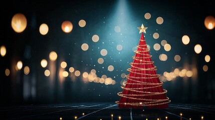 A beautifully lit Christmas tree with red decorations shines brightly against a dark background, surrounded by soft glowing lights, creating a festive atmosphere.