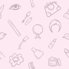 Simple pink monochrome seamless pattern with cosmetics, beauty, makeup and hairstyle items. Vector background for a beauty salon, advertising the services of a hairdresser, cosmetologist. Set of icons