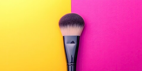 A luminous makeup brush set against a lively and bright pink and yellow backdrop. The vivid colors enhance the beauty of the radiant makeup brush.