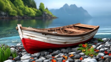 Obraz premium Red and White Boat on a Rocky Shore