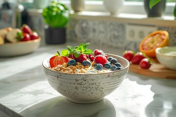 smoothie bowl with natural ingredients on a white table