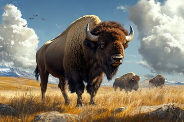 Majestic bison roaming across an open grassland.