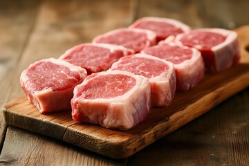 Fresh raw beef steaks with rosemary on wooden cutting board, premium meat quality and butcher shop concept