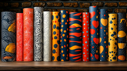 Naklejka premium Colorful Patterned Books: A vibrant and eclectic collection of books featuring bold, eye-catching patterns on their covers. Each unique design adds a pop of color and personality to the bookshelf.