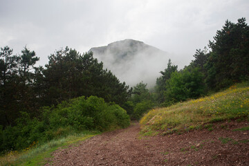 Mountains in Crimea before the rain.  Cloud and fog descend on the mountains. Vivid photo of...