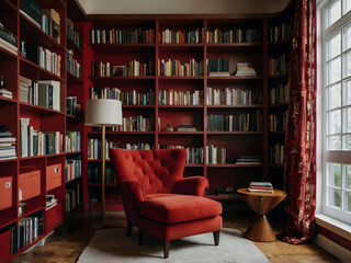 An inviting red reading nook with a comfortable red chair, tall bookshelf, and a small side table.