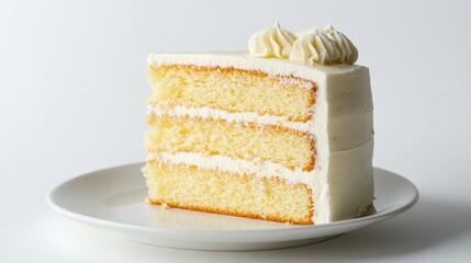 Delicious slice of classic vanilla layer cake with creamy frosting
