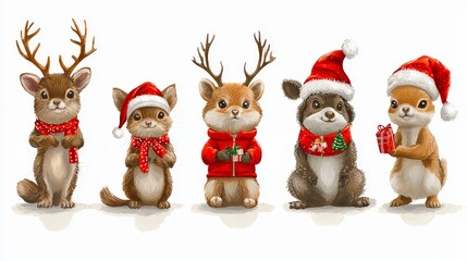 Adorable Baby Animals in Festive Christmas Costumes and Accessories for a Cozy Yuletide Scene