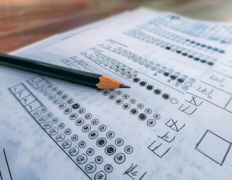 Test and examination materials featuring elements like a pencil, paper, and checkmarks representing assessment, education, and evaluation.