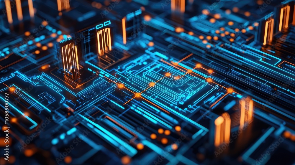 Poster abstract technology background with glowing circuit board and neon lights.
