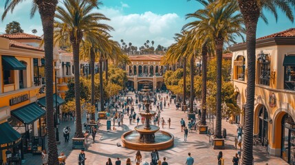 Outdoor shopping center with palm trees, shops, and a sunny ambiance, creating a warm, inviting retail environment for visitors.