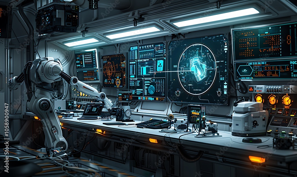 Poster A futuristic workspace featuring a robotic arm, advanced screens, and various technological tools, creating an atmosphere of innovation and exploration.