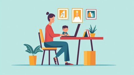 A parent working from home, balancing their job with caring for a child, highlighting the challenges of work-life balance