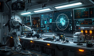 Fototapeta premium A futuristic workspace featuring a robotic arm, advanced screens, and various technological tools, creating an atmosphere of innovation and exploration.