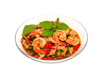 Pictures of Stir-fried shrimp put on white background with isolated style.
