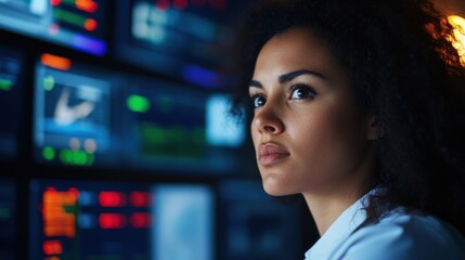 Determined Female Air Traffic Controller in Control Room