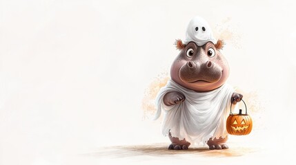 Adorable Cartoon Hippo Dressed as Halloween Ghost Holding Pumpkin Bucket