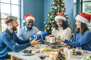 Multicultural friends exchange Christmas gifts while sitting at the table and celebrating Christmas together. Ai generated image