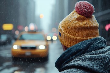 A person in a cozy yellow hat watches taxis navigate a snowy city street on a chilly winter day