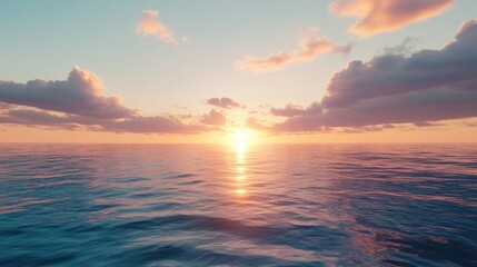 Obraz premium Vibrant sunrise colors reflect off the calm sea, creating a breathtaking horizon at dawn, capturing the essence of summer with a serene photo style and ample copy space.