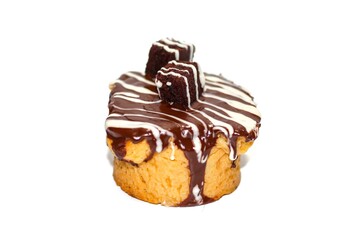Photo bakery cake served with chocolate chip and chocolate sauce for topping, isolate and white background.