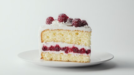 Delicious layered raspberry cake slice with whipped cream and fresh berries on a white plate