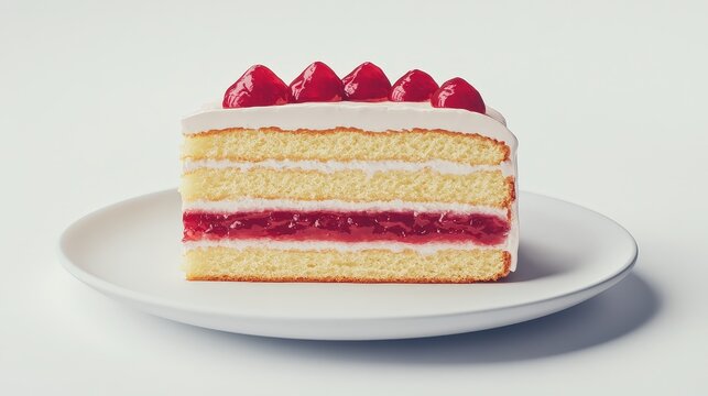 Delicious slice of strawberry layer cake on white plate