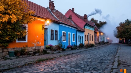 Obraz premium Misty Morning Street in Colorful European Village with Cobblestones and Lanterns