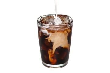Latte ice coffee serving with pouring milk for topping and put on white background with isolated style.