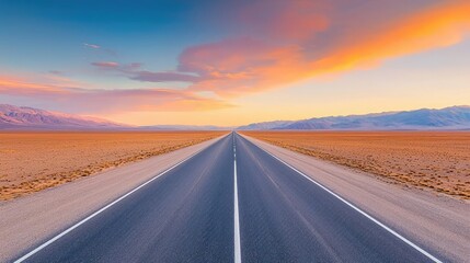 Naklejka premium Endless road stretching into a colorful twilight sky.