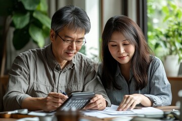 financial in family concept, Happy Asian husband and wife calculating income and bills to plan for investment, Generative AI