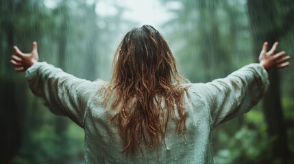 A back view of a woman with open arms, enjoying the rain in a lush forest setting, symbolizing freedom and connection with nature amidst pouring rain.
