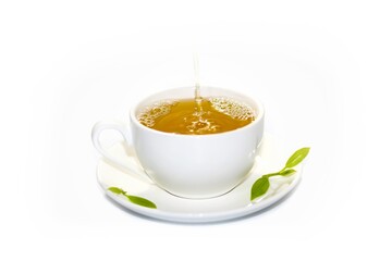 Put hot tea on white background, isolate photo style.