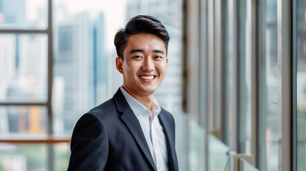 Smiling Asian man in a suit, businessman, business assistant, office employee, company manager, entrepreneur, job advisor, startup analyst, CEO, employer, marketing specialist, finance stock investor.