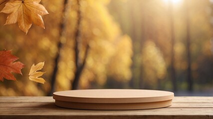 Round Empty Product Stand on Blurred Autumn Background