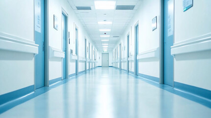 Modern hospital corridor with signs leading to various departments 