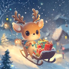 Fototapeta premium Cartoon reindeer pull Santa's sleigh through a winter wonderland