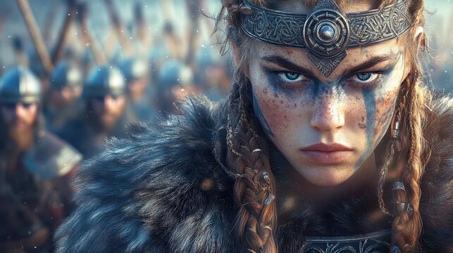 Female warrior in golden armor, standing confidently with her shield in front of a line of soldiers. Concept: courage, empowerment.