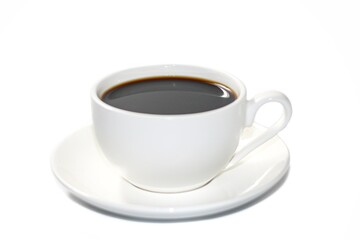 Isolation photos of Hot coffee serving on white background with coffee beans in the sack.