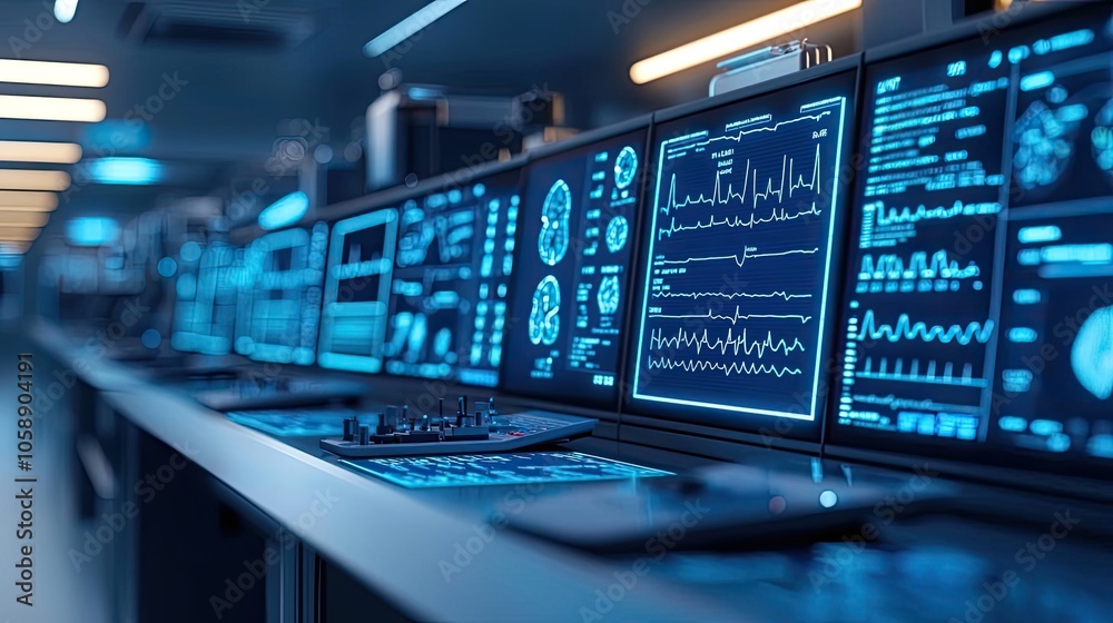 Poster Data analysis monitors displaying intricate graphs and metrics.