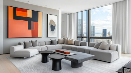 Fototapeta premium Interior design of modern living room with city view and abstract art 