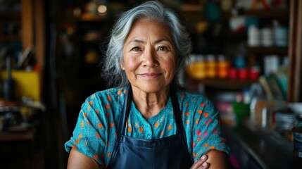 A cheerful woman wearing an apron stands confidently in a warm, inviting kitchen setting, exuding joy and hospitality in a charming environment.