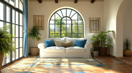 Fototapeta premium Minimalist interior design of Mediterranean living room with arched windows and white sofa, blue accents 