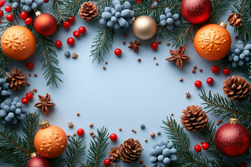 Christmas flat lay with evergreen branches, orange and red ornaments, pine cones, blueberries, and star anise on a blue background. Concept of festive holiday decoration and seasonal arrangement