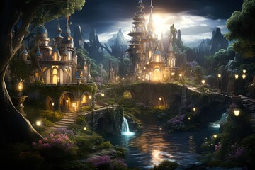 Naklejka premium A stunning fantasy scene features an enchanting castle surrounded by lush greenery and a tranquil river under a dramatic sky, Ideal for use in book covers, illustrations, or themed events,