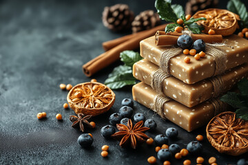 Christmas still life with spices, decorated with dried oranges, cinnamon sticks, blueberries, and star anise on a dark background. Christmas aromatherapy.