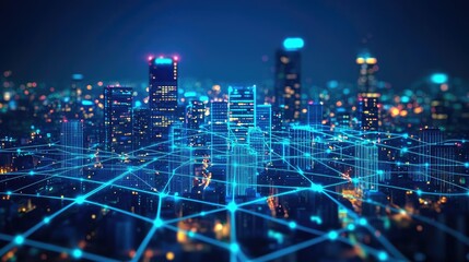 Fototapeta premium City skyline with digital network connections, night scene, illuminated buildings.