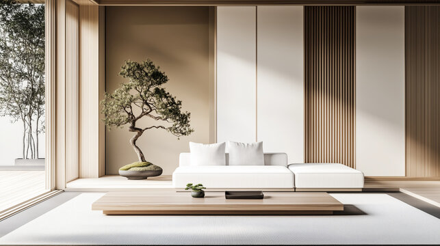 Minimalist interior design of modern Japanese living room with bonsai tree and natural light

